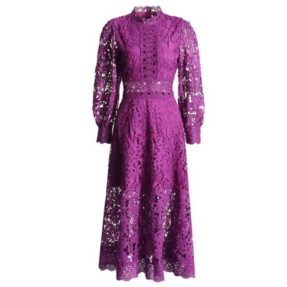 NWT French Style Mock Neck Bishop Sleeve Guipure Lace Cocktail Midi Dress - Picture 2 of 6